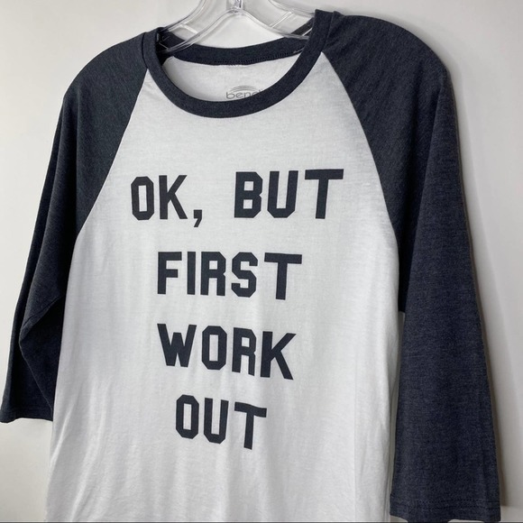 Bend Graphic Muscle T-Shirt Womens But First We Work Out Baseball Stretch Small - Picture 2 of 5